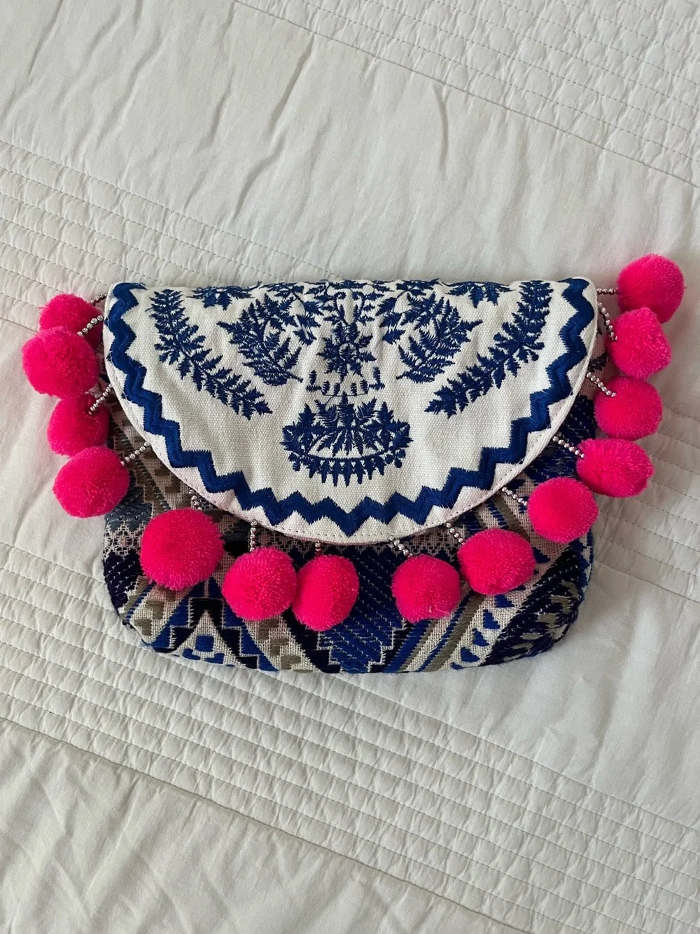 Embroidered Blue & Hot Pink Pom-Pom Women's Clutch